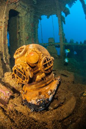 Mark V diving helmet recovered in 2006 by Jim Ackroyd and Edward Maddison, on the wreck of USS Saratoga, Bikini Atoll
