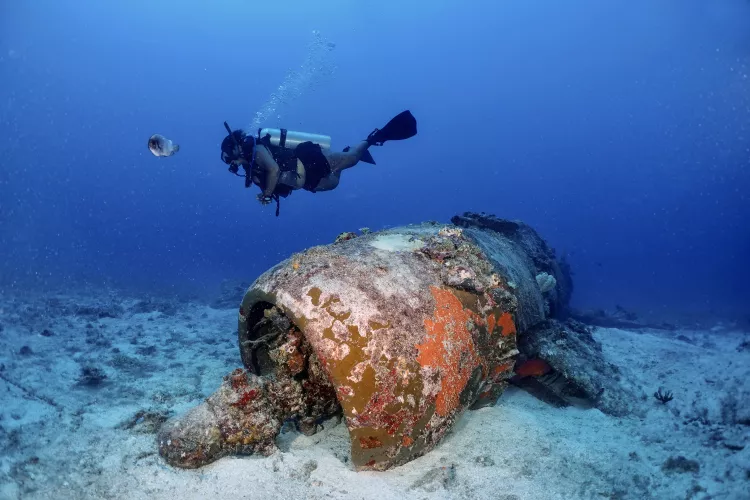 Diver on the wreck of a WWII Vought F4U-1 Corsair at Espiritu Santo. Photo by Pierre Constant.
